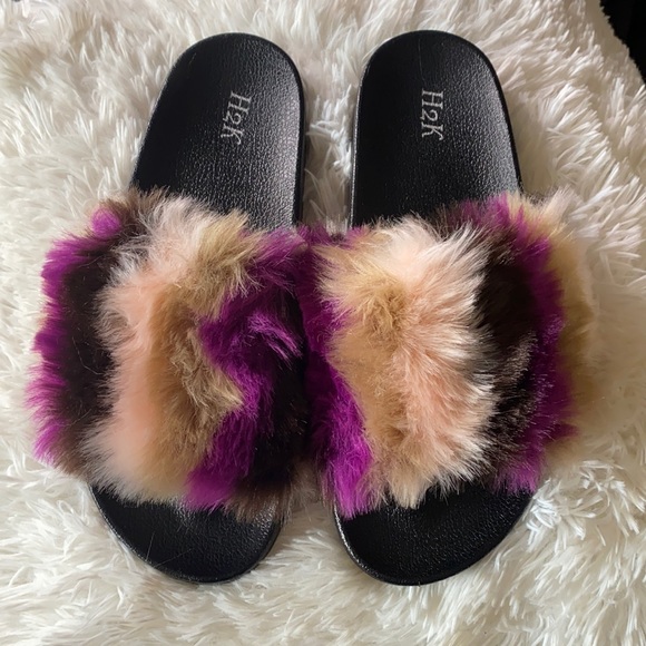 H2k Shoes - Women’s Multi Color Faux fur Slides 10